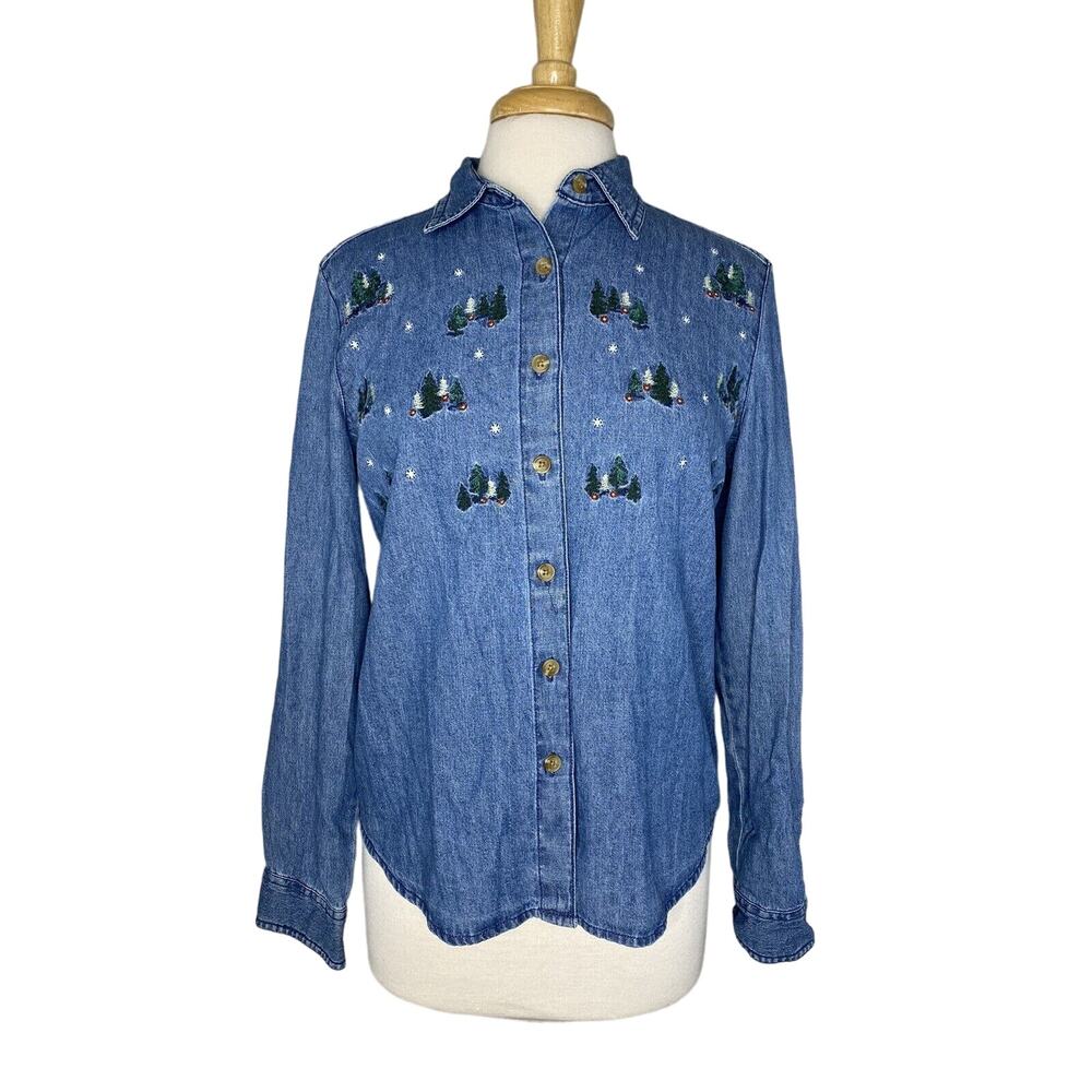 CLASSIC ELEMENTS Snowy Forest Embroidered Denim Shirt Size Small Holiday Cotton